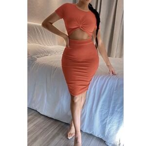 Tight Ribbed Sexy Cutout Bodycon Midi Dress Orange Short Sleeve Size 4 Baddie